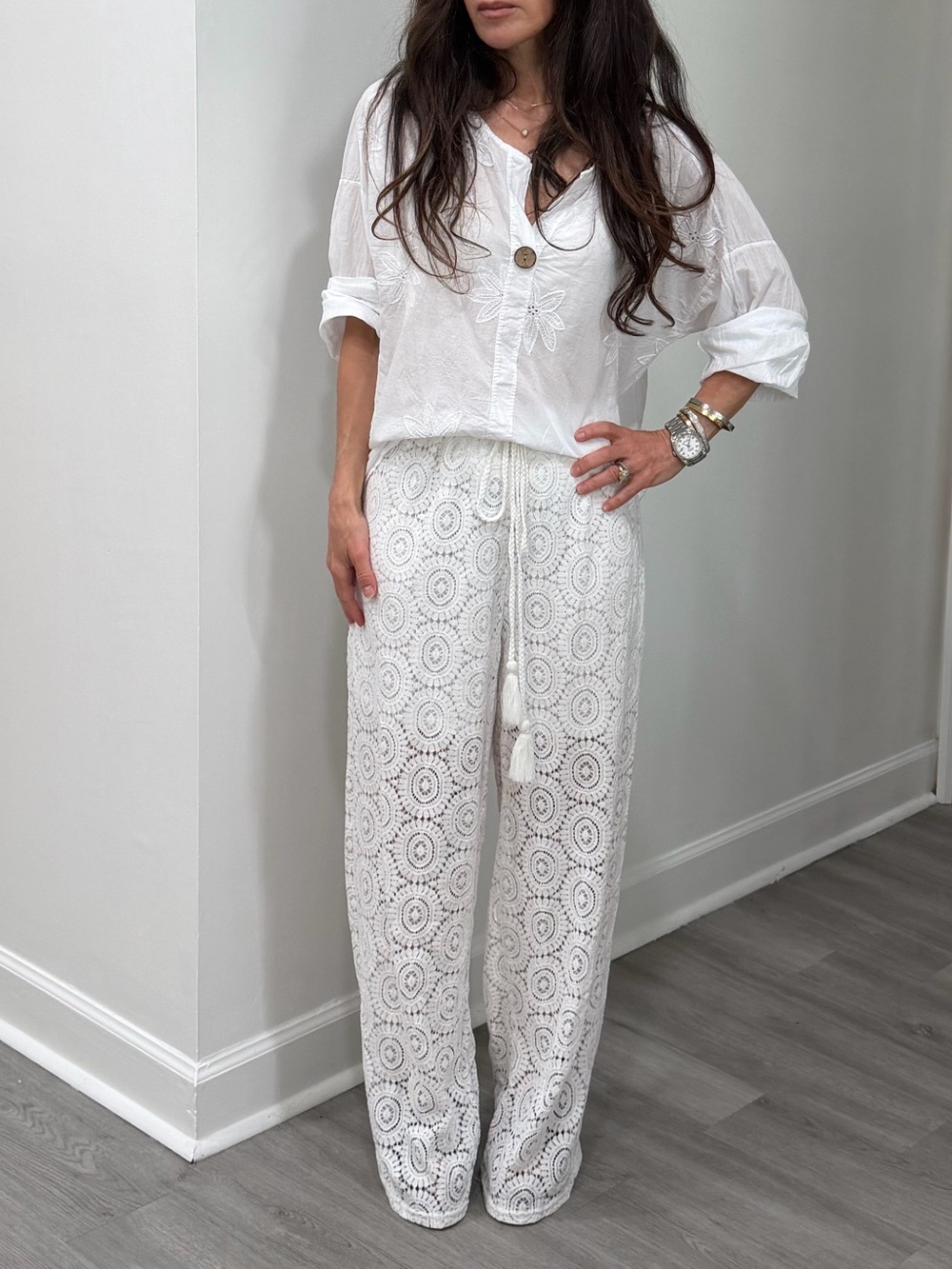 FROM PARIS FRANCE BOHO White Crochet Wide-Leg Pants